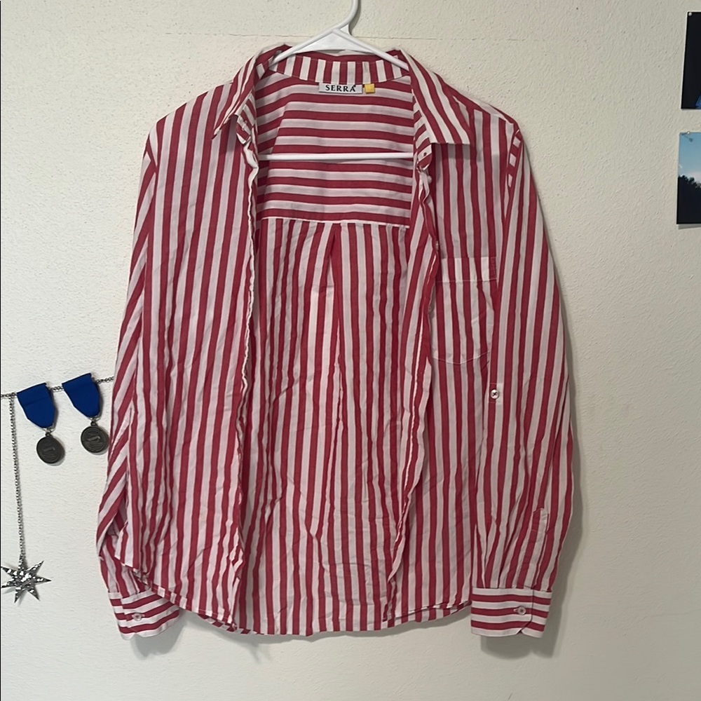 Red and White Striped Button-Up Shirt